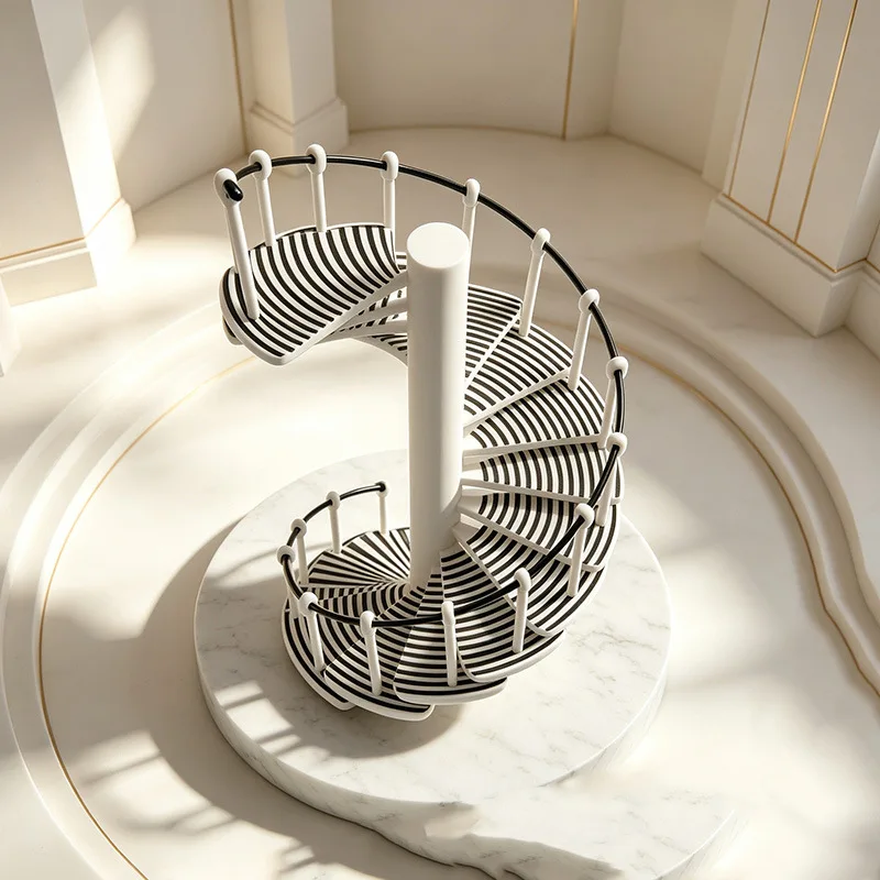 1:12 Modern Spiral Staircase Miniature,Dollhouse Duplex Building Accessory,Black White Twist Stairs Prop for OB11 Diorama Layout