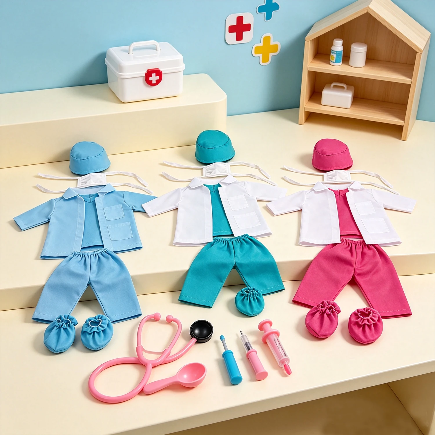 Doctor Nurse Scrubs Doll Outfits with Medical Play Tools Doctor Costume Kit for 18" American & 43cm Baby Newborn Girl Dolls Toy
