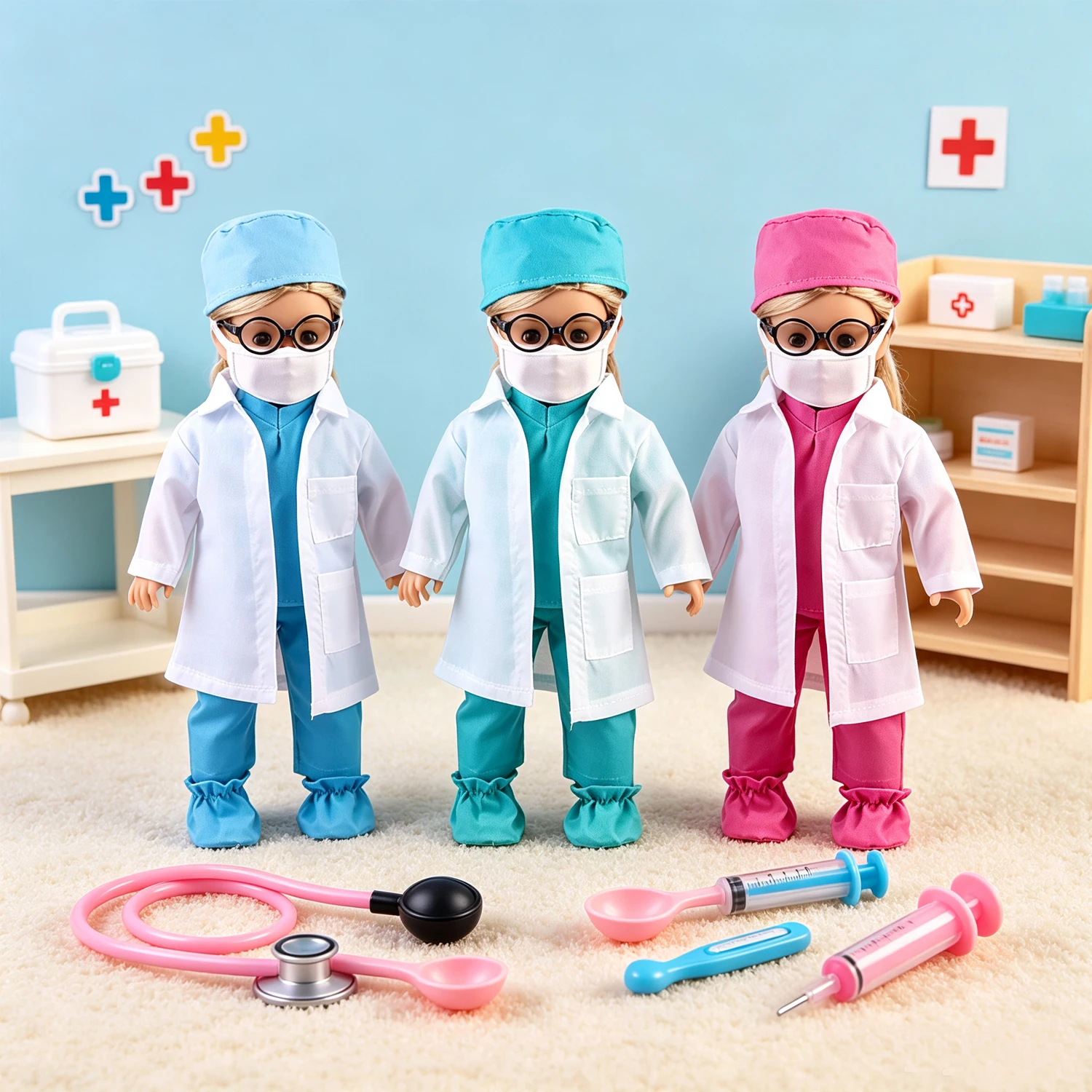 Doctor Nurse Scrubs Doll Outfits with Medical Play Tools Doctor Costume Kit for 18" American & 43cm Baby Newborn Girl Dolls Toy
