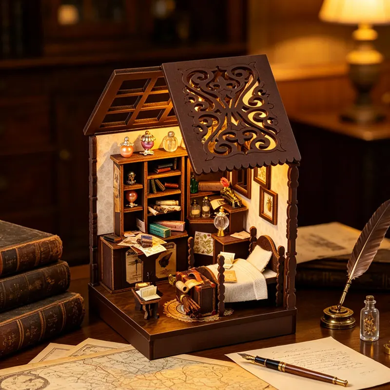 Vintage Book Nook DIY Kit 3D Wooden Bookend Mini Dollhouse Handmade Assembly Model Desktop Bookshelf Decor for Birthday Gifts
