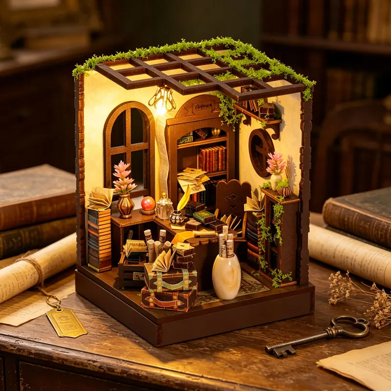 Vintage Book Nook DIY Kit 3D Wooden Bookend Mini Dollhouse Handmade Assembly Model Desktop Bookshelf Decor for Birthday Gifts
