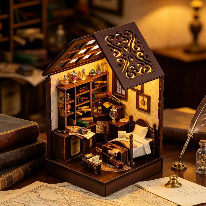 Vintage Book Nook DIY Kit 3D Wooden Bookend Mini Dollhouse Handmade Assembly Model Desktop Bookshelf Decor for Birthday Gifts
