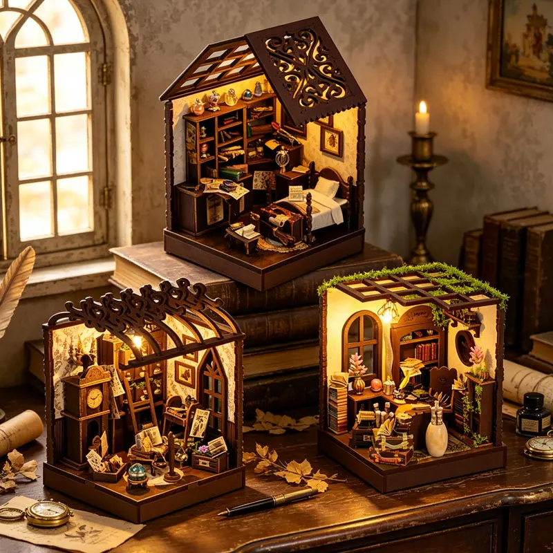 Vintage Book Nook DIY Kit 3D Wooden Bookend Mini Dollhouse Handmade Assembly Model Desktop Bookshelf Decor for Birthday Gifts