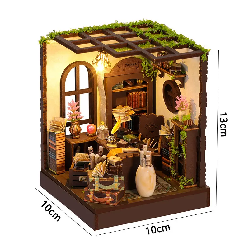 Vintage Book Nook DIY Kit 3D Wooden Bookend Mini Dollhouse Handmade Assembly Model Desktop Bookshelf Decor for Birthday Gifts