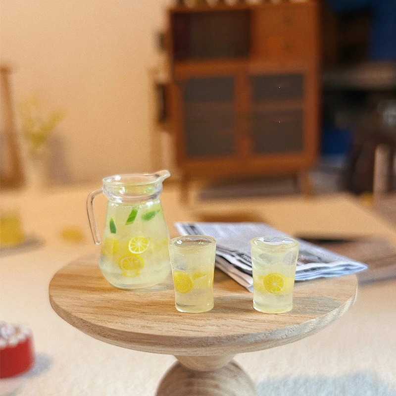 B*1/3pcs 1:12 Dollhouse Miniature Lemon Juice Jug Cup Set Model Doll Drink Decor Toy Doll House Mini Kitchen Scene Ornament