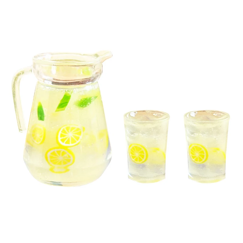B*1/3pcs 1:12 Dollhouse Miniature Lemon Juice Jug Cup Set Model Doll Drink Decor Toy Doll House Mini Kitchen Scene Ornament