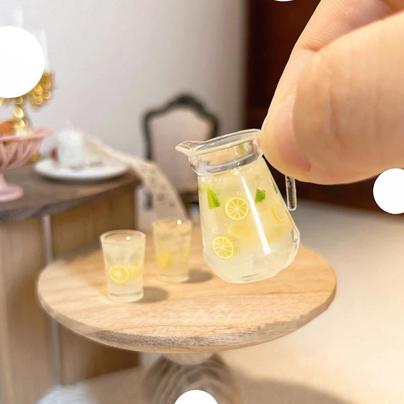 B*1/3pcs 1:12 Dollhouse Miniature Lemon Juice Jug Cup Set Model Doll Drink Decor Toy Doll House Mini Kitchen Scene Ornament