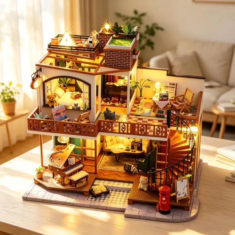 DIY Wooden Miniature Doll Houses Kits Handmade 3D Puzzle Assembly Building With Furniture Dollhouses For Xmas Birthday Gifts