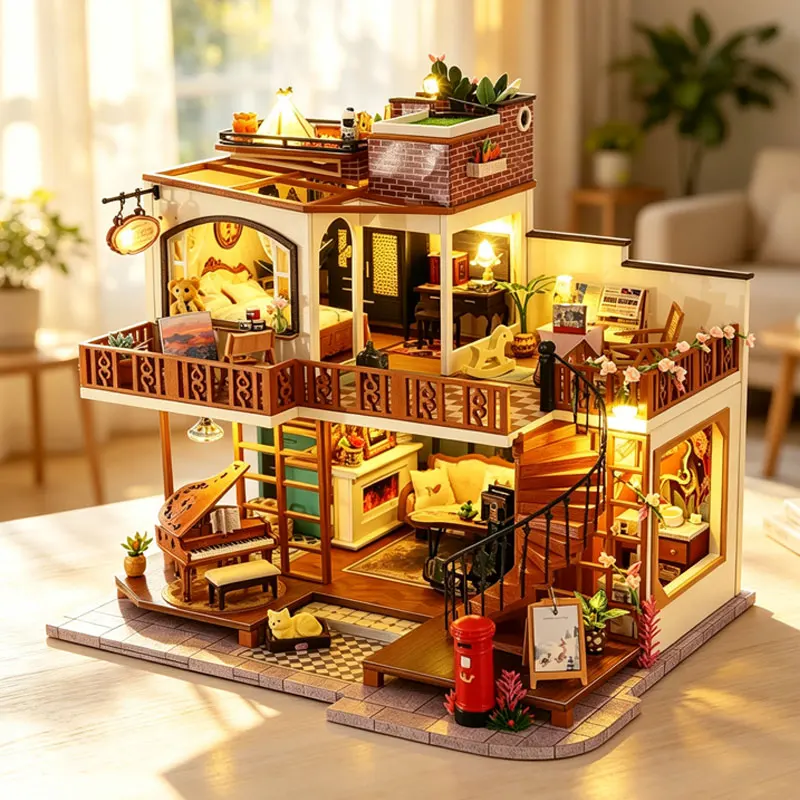 DIY Wooden Miniature Doll Houses Kits Handmade 3D Puzzle Assembly Building With Furniture Dollhouses For Xmas Birthday Gifts