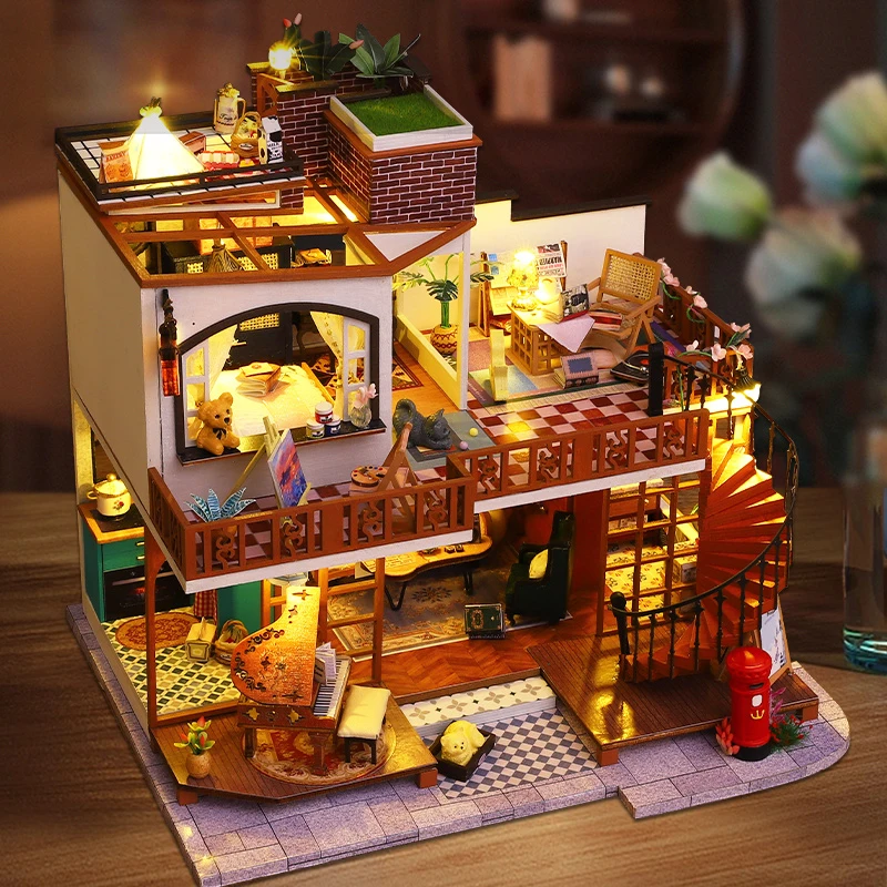 DIY Wooden Miniature Doll Houses Kits Handmade 3D Puzzle Assembly Building With Furniture Dollhouses For Xmas Birthday Gifts