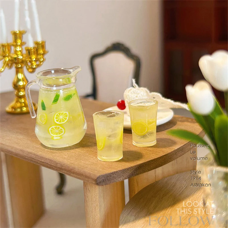 1/3Pcs 1:12 Dollhouse Miniature Lemon Juice Jug Cup Set Model Doll Drink Decor Toy Doll House Mini Kitchen Scene Ornament