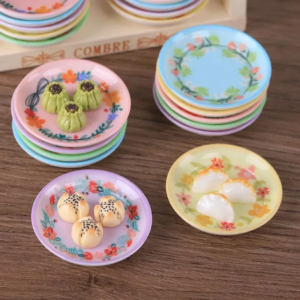 10Pcs 1:12 Scale Dollhouse Mini Country‑Style Floral Plate Model, Beautiful Decorative Dish Ornaments for Food Play Scene Layout