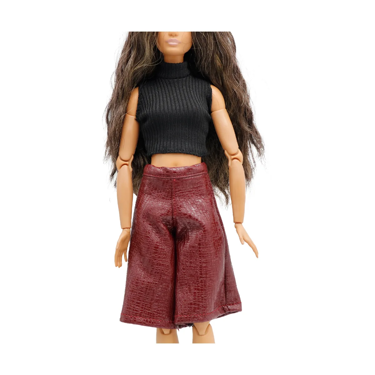 30cm Supermodel Doll Clothes Spicy Girl Style Sleeveless Knit Sweater Shiny Leather Pants High-Neck Stripes Tops For 1/6 FR Doll