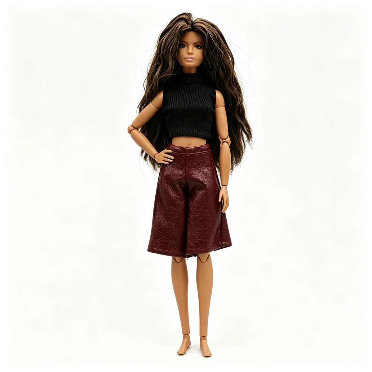 30cm Supermodel Doll Clothes Spicy Girl Style Sleeveless Knit Sweater Shiny Leather Pants High-Neck Stripes Tops For 1/6 FR Doll