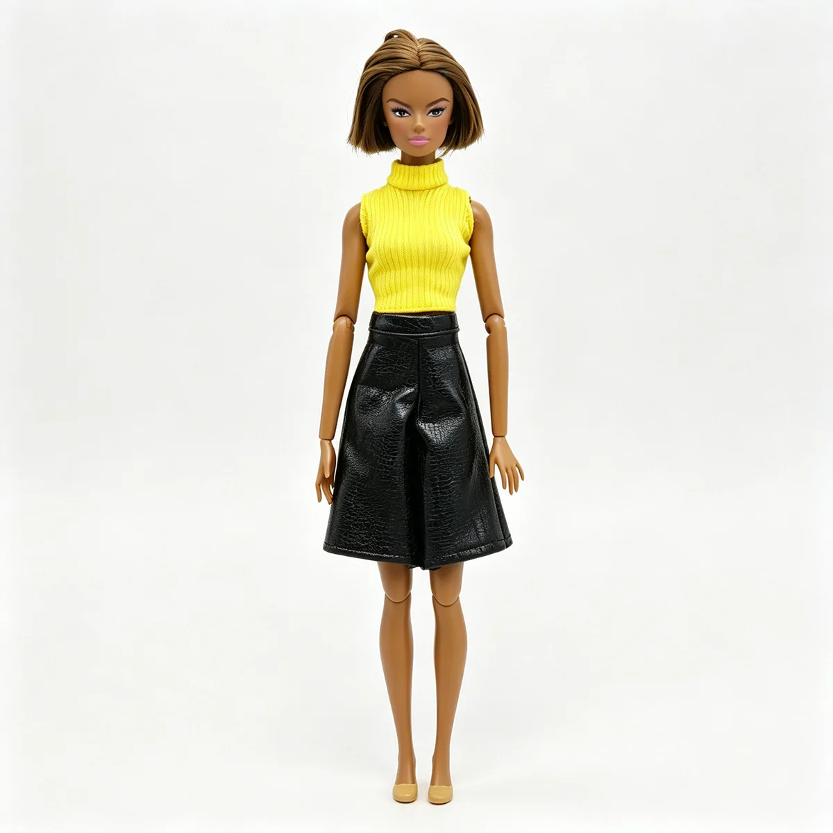 30cm Supermodel Doll Clothes Spicy Girl Style Sleeveless Knit Sweater Shiny Leather Pants High-Neck Stripes Tops For 1/6 FR Doll