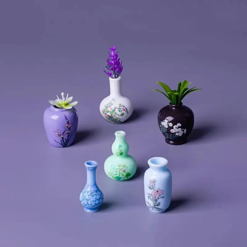 8Pcs Mini Vase Resin Figurine Imitation Porcelain Bottle Creative Micro Landscape Ornament DIY Home Desktop Decor Accessories