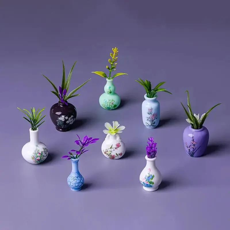 8Pcs Mini Vase Resin Figurine Imitation Porcelain Bottle Creative Micro Landscape Ornament DIY Home Desktop Decor Accessories
