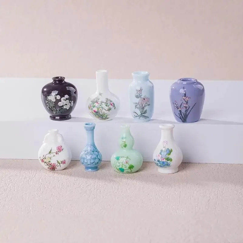 8Pcs Mini Vase Resin Figurine Imitation Porcelain Bottle Creative Micro Landscape Ornament DIY Home Desktop Decor Accessories