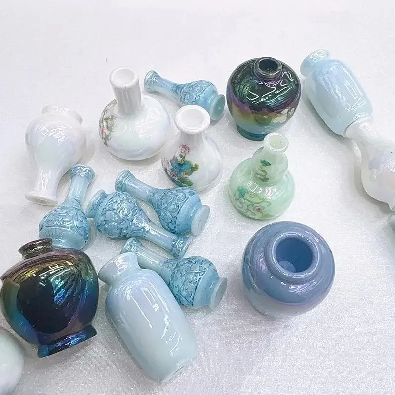 8Pcs Mini Vase Resin Figurine Imitation Porcelain Bottle Creative Micro Landscape Ornament DIY Home Desktop Decor Accessories