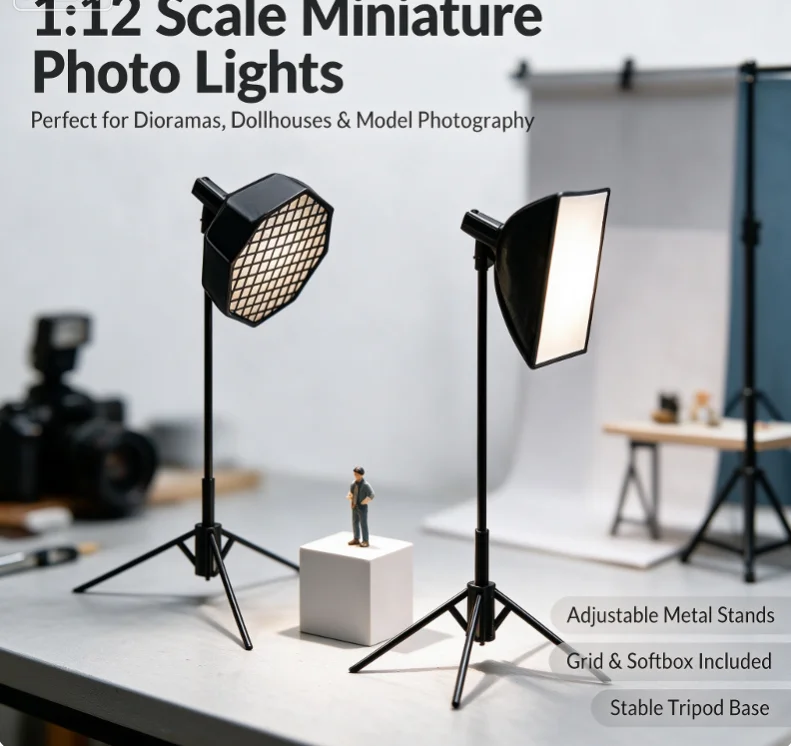1/12 Scale Miniature Photography Prop Kit Softbox Light Tripod Photography Stool for Dollhouse Scene DIY Decoration
