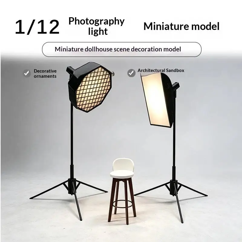 1/12 Scale Miniature Photography Prop Kit Softbox Light Tripod Photography Stool for Dollhouse Scene DIY Decoration