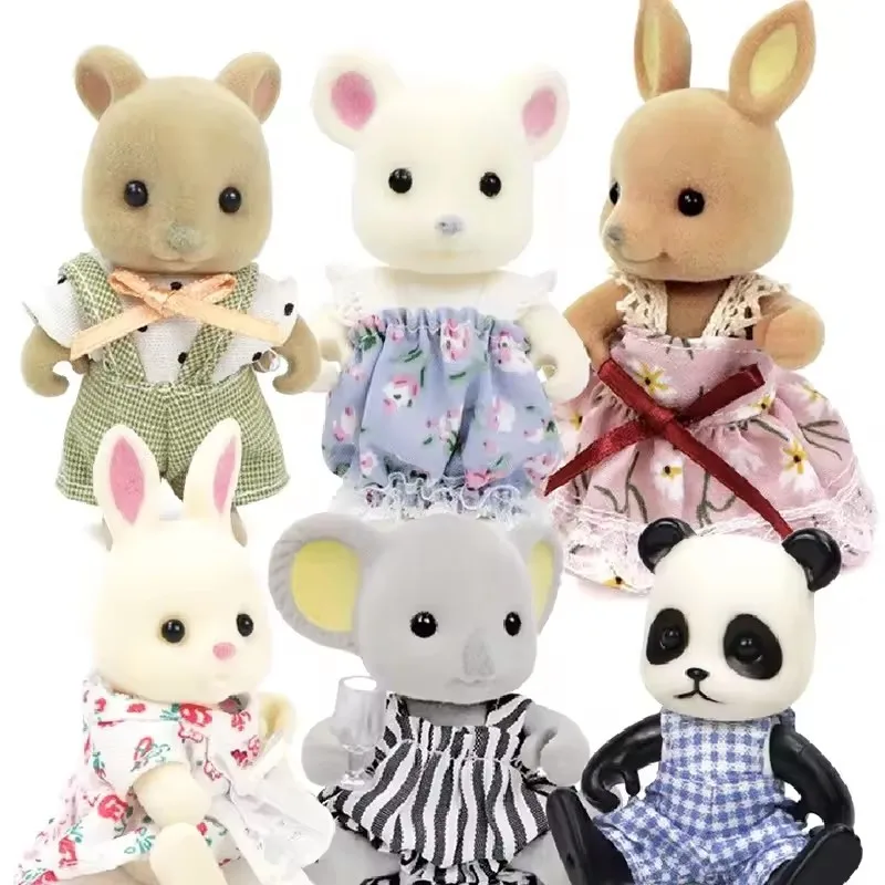 Mini Flocked Animal Family Doll Set Dressed Rabbit Cat Panda Koala Mouse Figures Dollhouse Accessory Pretend Play Collection Toy