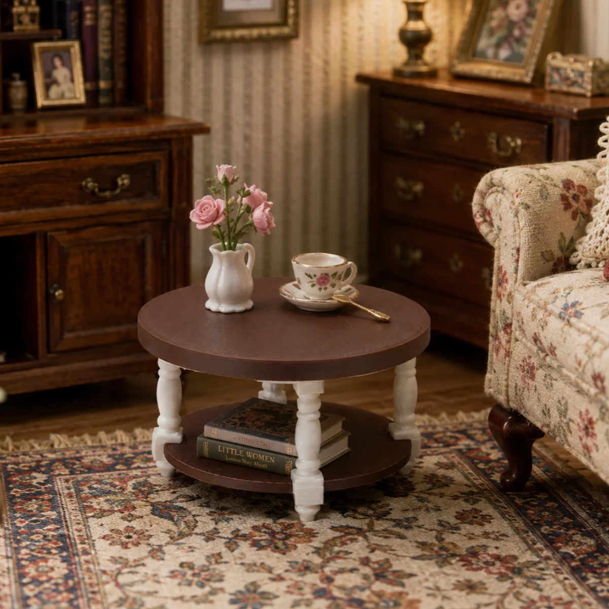 Dollhouse Furniture, Miniature Furniture, Dollhouse Miniature Models, 1:12 Scale 3D Printed American Country-Style Vintage Double-Layered Small Coffee Table, Pla Material, Not Made of Wood. The Double-Layer Structure Combines Display and Storage Functions, Making It Suitable for Decorating Scenes Such as Dollhouse Living Rooms and Leisure Areas, and Is Ideal for Displaying Mini Books, Tea Sets, Ornaments, and Decorative Items.