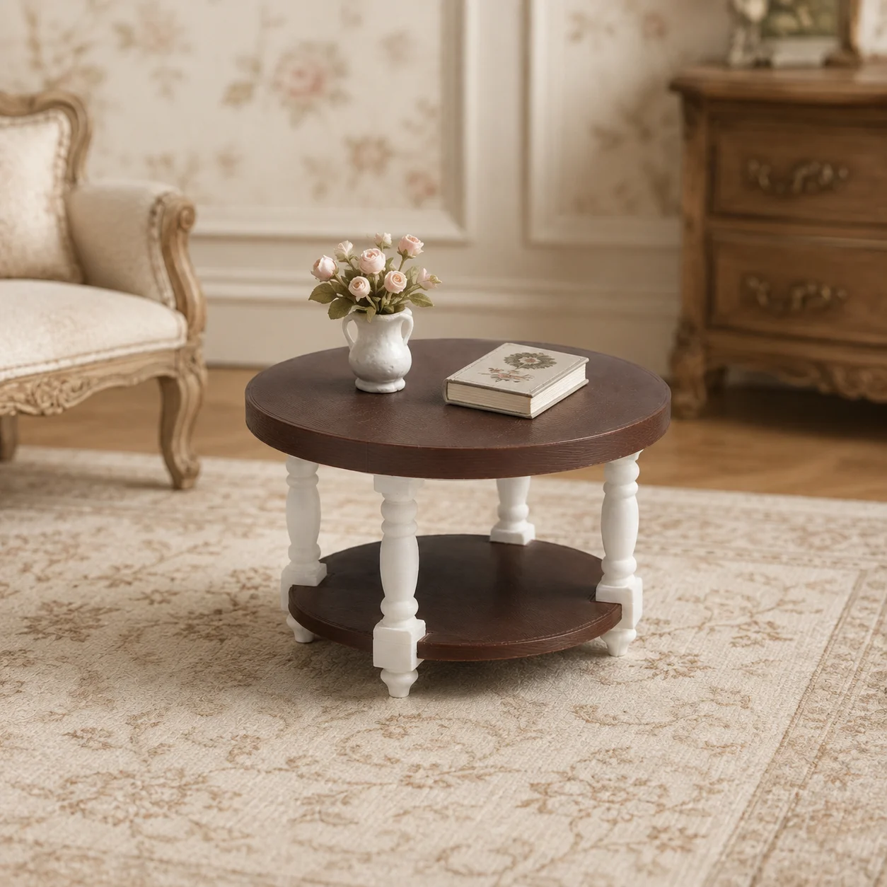 Dollhouse Furniture, Miniature Furniture, Dollhouse Miniature Models, 1:12 Scale 3D Printed American Country-Style Vintage Double-Layered Small Coffee Table, Pla Material, Not Made of Wood. The Double-Layer Structure Combines Display and Storage Functions, Making It Suitable for Decorating Scenes Such as Dollhouse Living Rooms and Leisure Areas, and Is Ideal for Displaying Mini Books, Tea Sets, Ornaments, and Decorative Items.