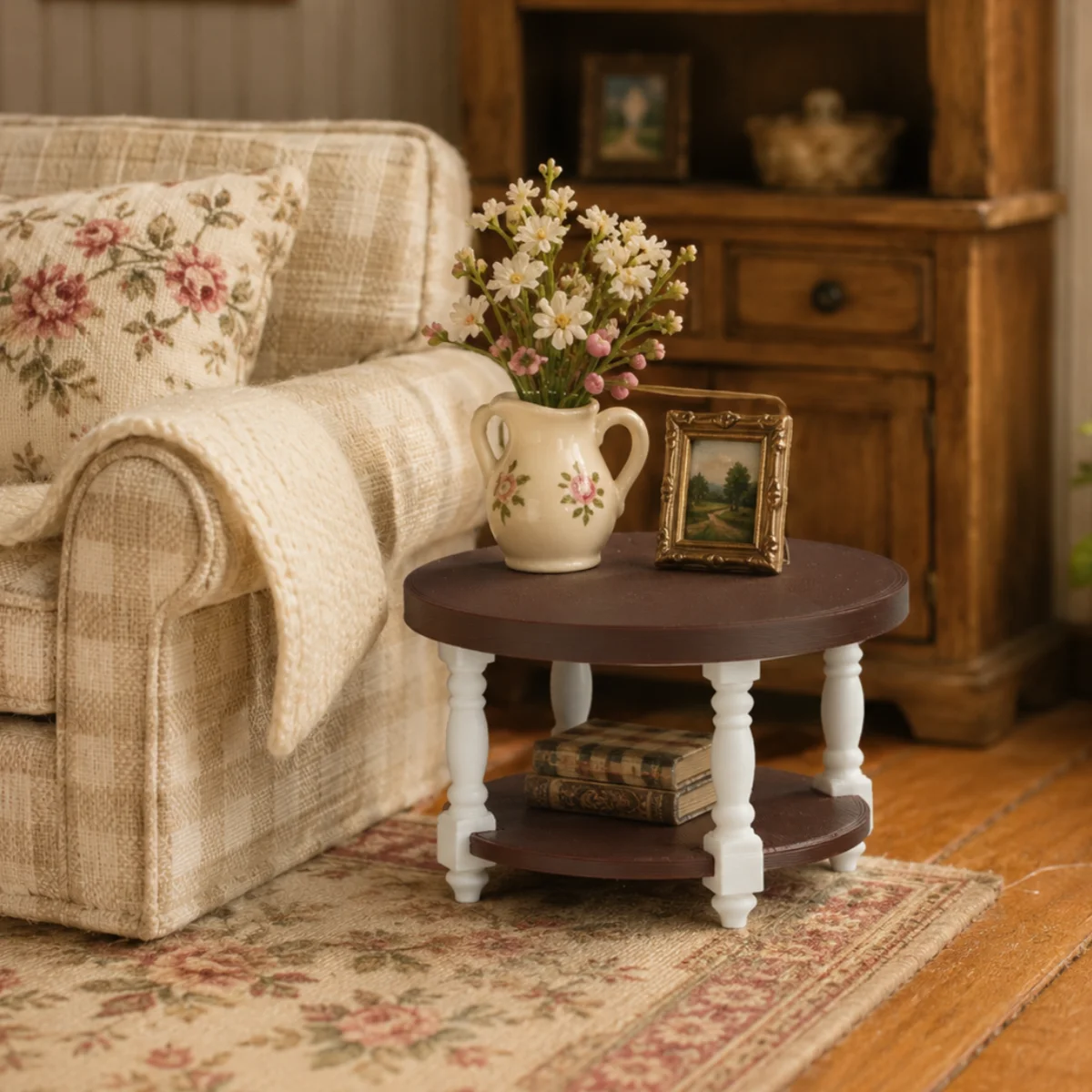 Dollhouse Furniture, Miniature Furniture, Dollhouse Miniature Models, 1:12 Scale 3D Printed American Country-Style Vintage Double-Layered Small Coffee Table, Pla Material, Not Made of Wood. The Double-Layer Structure Combines Display and Storage Functions, Making It Suitable for Decorating Scenes Such as Dollhouse Living Rooms and Leisure Areas, and Is Ideal for Displaying Mini Books, Tea Sets, Ornaments, and Decorative Items.