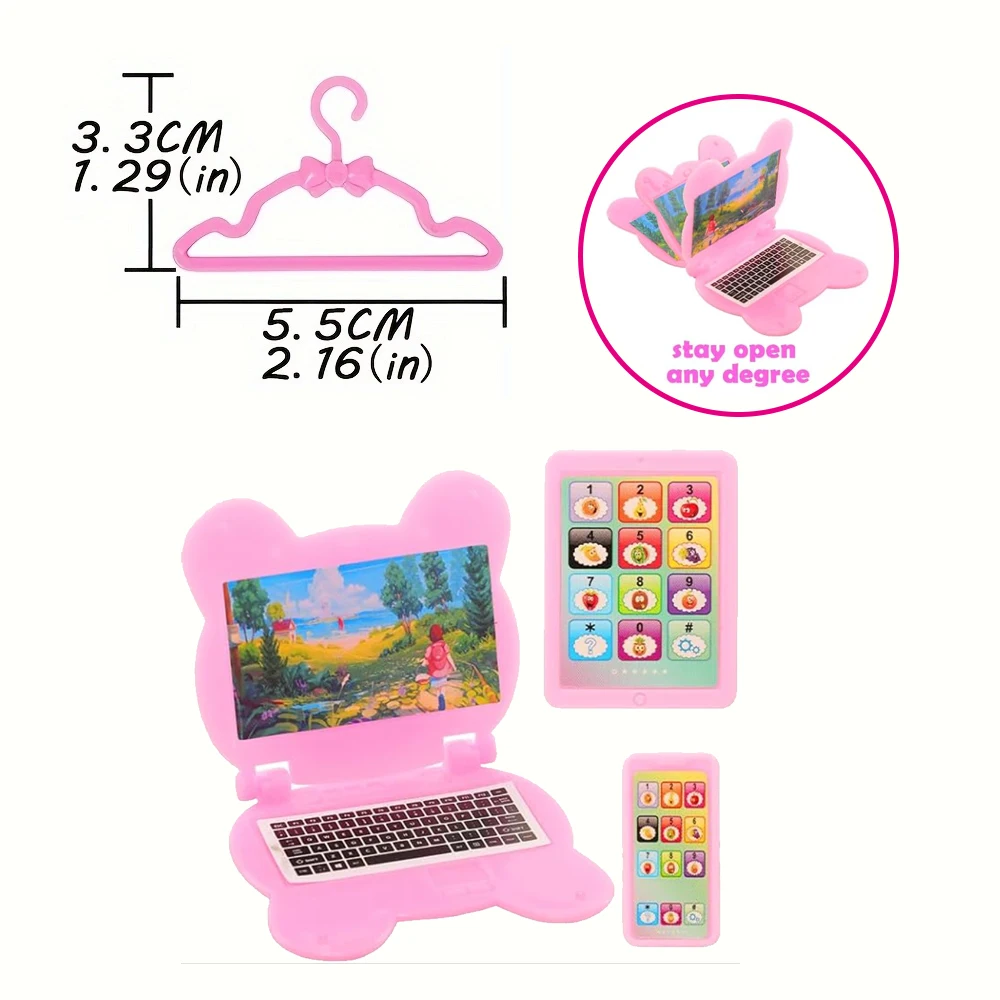 22pcs Set of 5.5-Inch Cute Doll Clothes and Accessories, 8pcs Skirt, 10 Hangers, 4pcs Mini Computer Headset Accessories Set