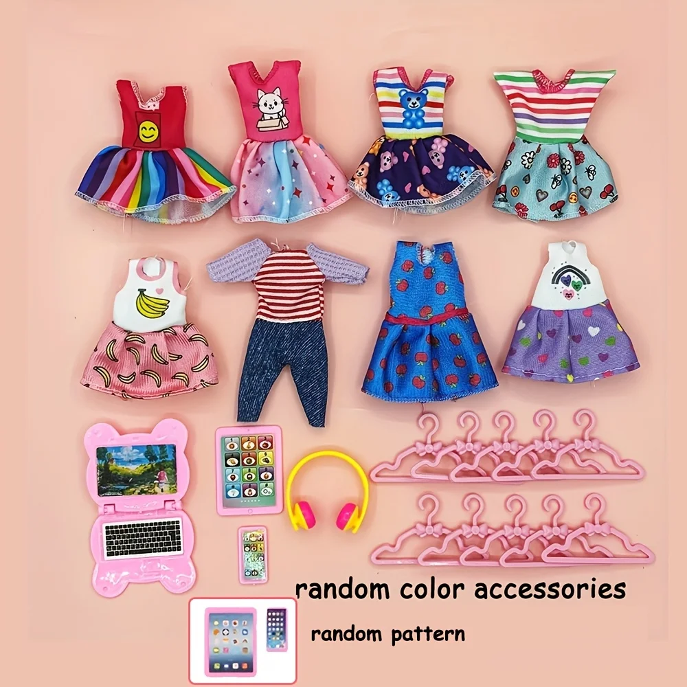 22pcs Set of 5.5-Inch Cute Doll Clothes and Accessories, 8pcs Skirt, 10 Hangers, 4pcs Mini Computer Headset Accessories Set