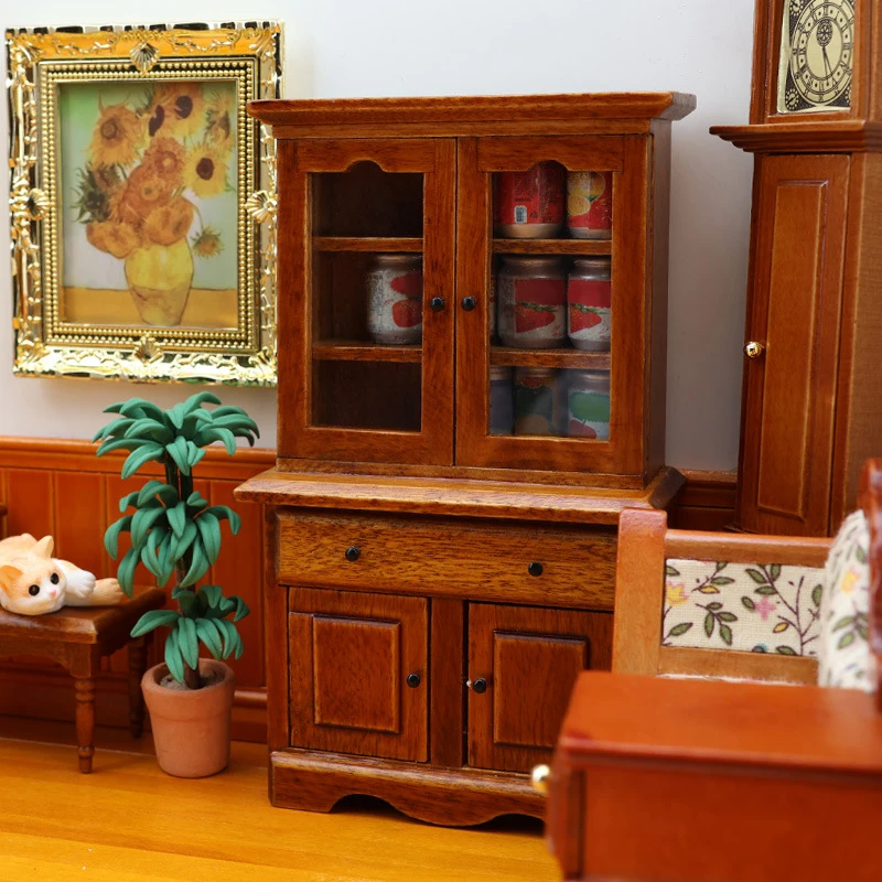 1Pc Vintage Miniature Furniture 1:12 Dollhouse Wood Table Multifunction Cabinet Bookcase Model Toy Cupboard Dolls Accessories