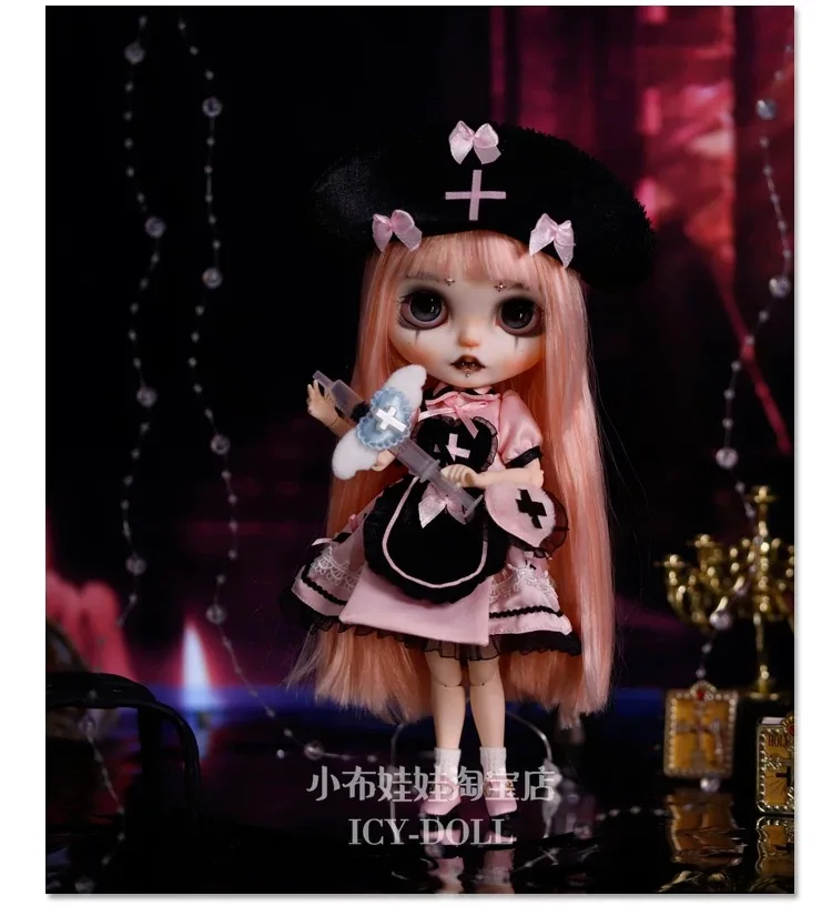 ICY DBS Blyth Doll Clothes Fashion Halloween Scary Black Pink Lolita Nurse Dress Set 19 Joints OB24 Doll Party Dress Up Clothes