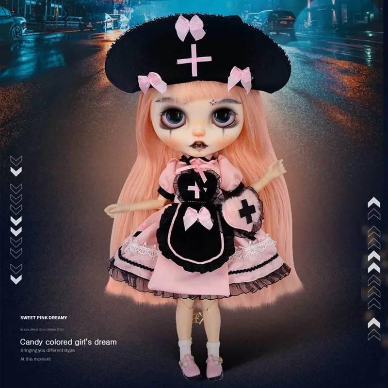 ICY DBS Blyth Doll Clothes Fashion Halloween Scary Black Pink Lolita Nurse Dress Set 19 Joints OB24 Doll Party Dress Up Clothes