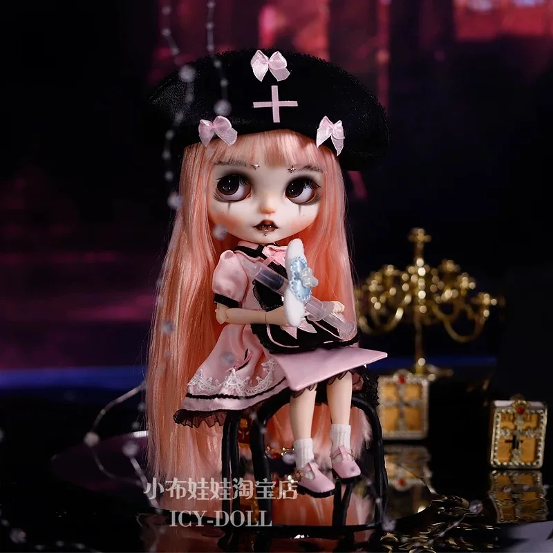 ICY DBS Blyth Doll Clothes Fashion Halloween Scary Black Pink Lolita Nurse Dress Set 19 Joints OB24 Doll Party Dress Up Clothes