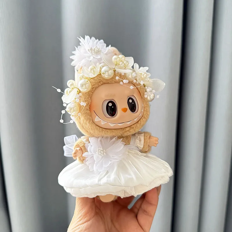 Luxury Plush Wedding Dress Dolls Clothes for Labubu I II Korea Style Fluffy Romantic Wedding Dress Flower Hat Suit for Ladbubu