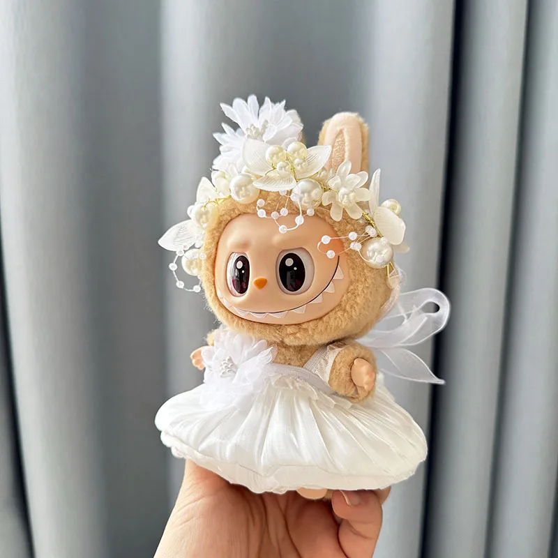 Luxury Plush Wedding Dress Dolls Clothes for Labubu I II Korea Style Fluffy Romantic Wedding Dress Flower Hat Suit for Ladbubu
