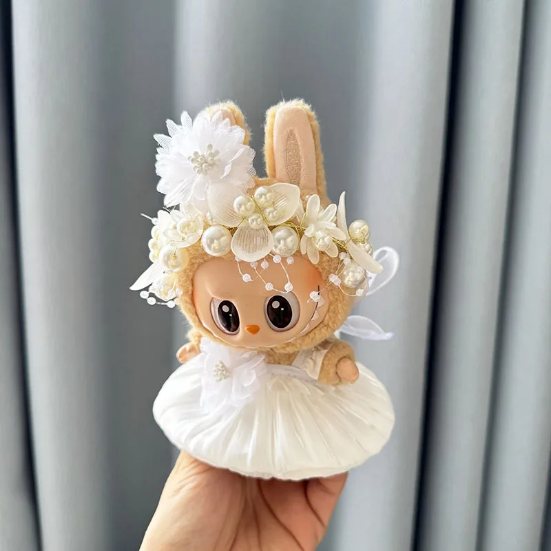 Luxury Plush Wedding Dress Dolls Clothes for Labubu I II Korea Style Fluffy Romantic Wedding Dress Flower Hat Suit for Ladbubu