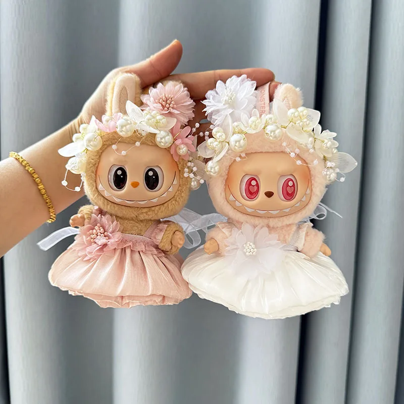 Luxury Plush Wedding Dress Dolls Clothes for Labubu I II Korea Style Fluffy Romantic Wedding Dress Flower Hat Suit for Ladbubu