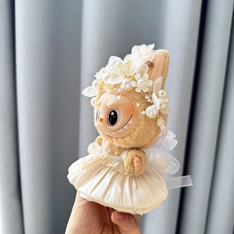Luxury Plush Wedding Dress Dolls Clothes for Labubu I II Korea Style Fluffy Romantic Wedding Dress Flower Hat Suit for Ladbubu