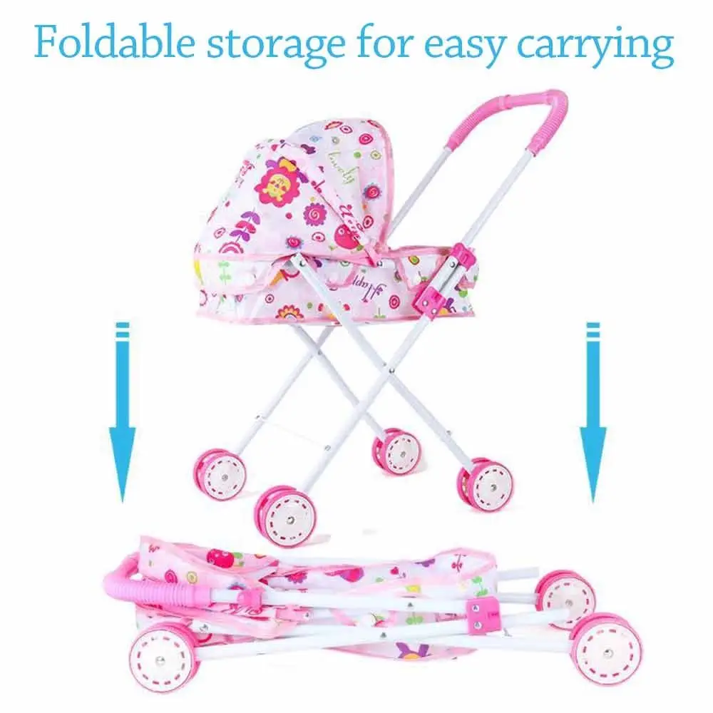 Dolls Pram Iron Foldable Baby Stroller Colorful Large Capacity Stable Lightweight Doll Handcart for Boys Girls