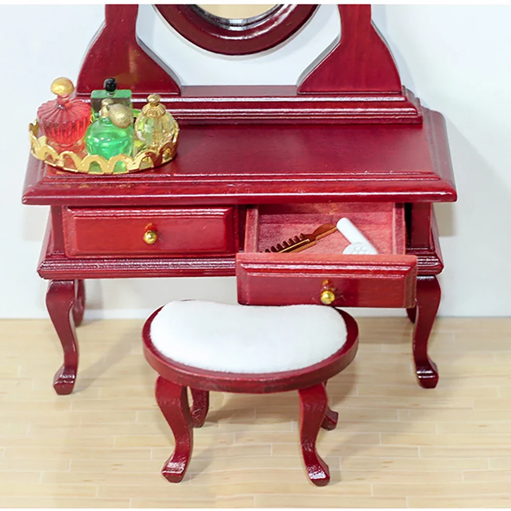 1/12 Dollhouse Miniature Wooden Dressing Table with Stool Mini Dresser Model Toy Doll House Accessories Decoration ob11 bjd