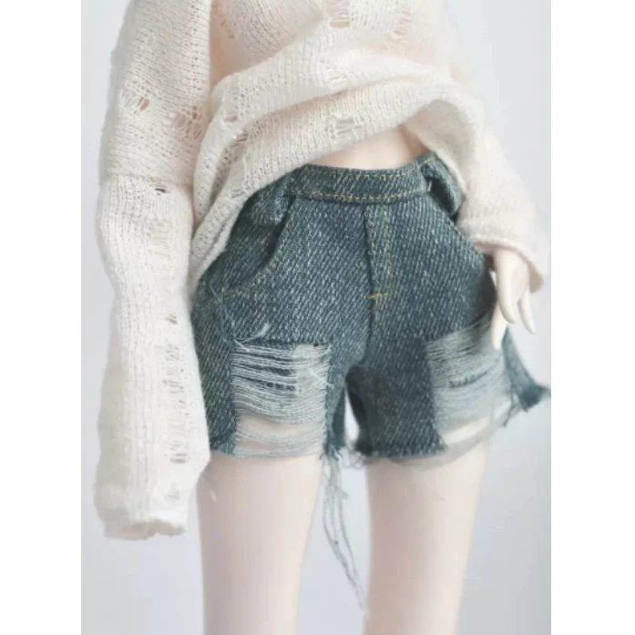 1/4 BJD Doll Clothes Baby Clothes Hollow-knit Blouse Broken Hole Smock Denim Washed Broken Hole Jean Shorts Vintage Jeans