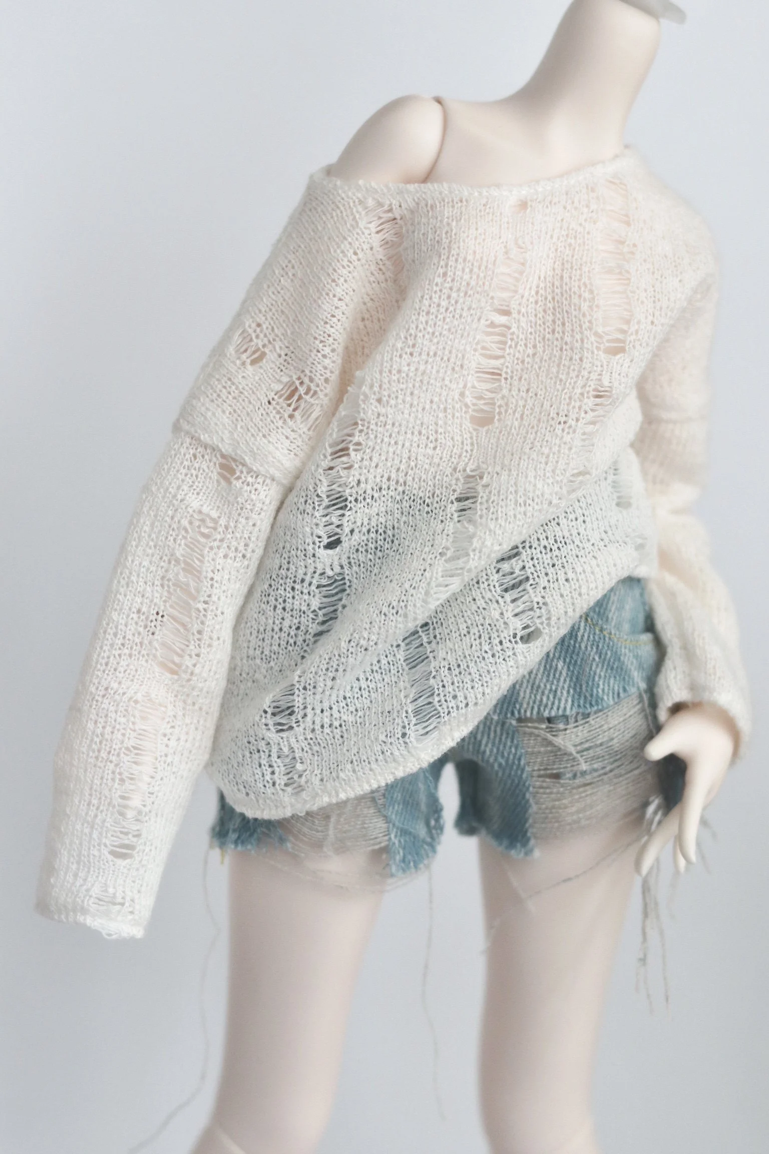 1/4 BJD Doll Clothes Baby Clothes Hollow-knit Blouse Broken Hole Smock Denim Washed Broken Hole Jean Shorts Vintage Jeans