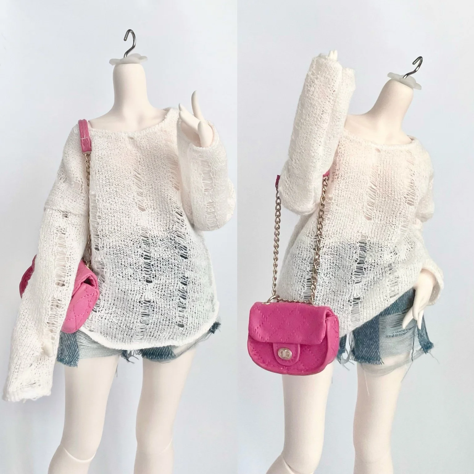 1/4 BJD Doll Clothes Baby Clothes Hollow-knit Blouse Broken Hole Smock Denim Washed Broken Hole Jean Shorts Vintage Jeans