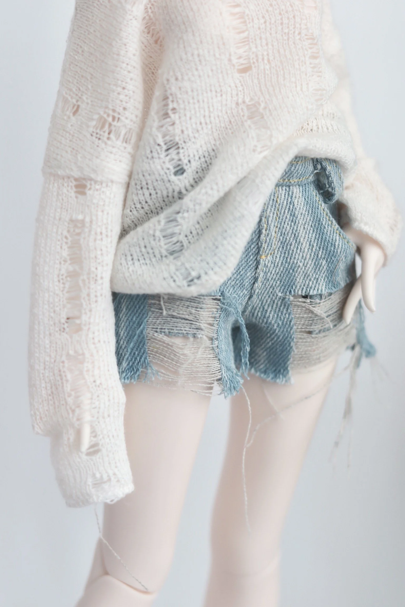 1/4 BJD Doll Clothes Baby Clothes Hollow-knit Blouse Broken Hole Smock Denim Washed Broken Hole Jean Shorts Vintage Jeans