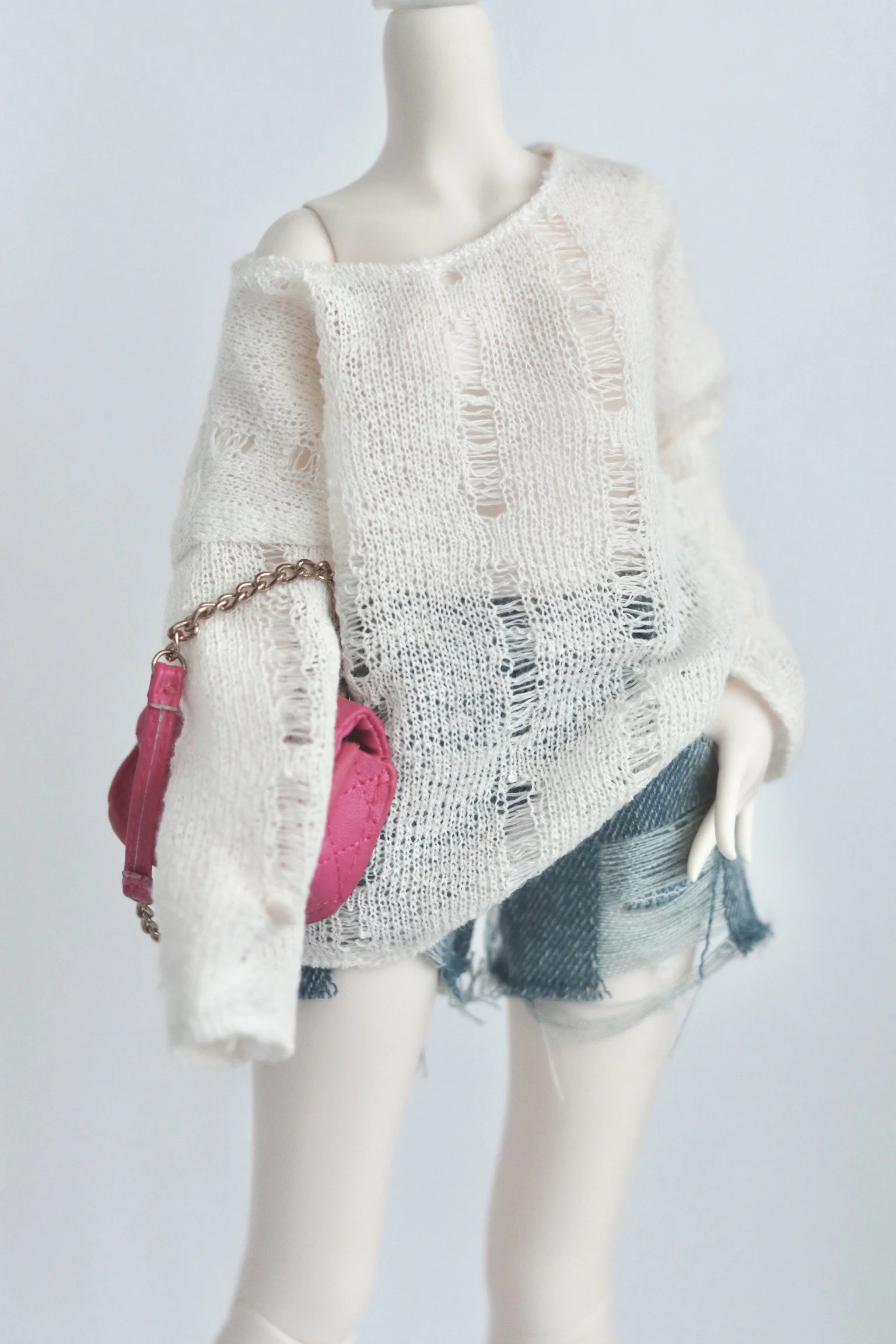1/4 BJD Doll Clothes Baby Clothes Hollow-knit Blouse Broken Hole Smock Denim Washed Broken Hole Jean Shorts Vintage Jeans