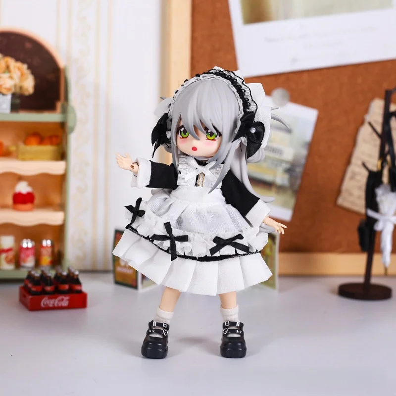 Obitsu 11 Clothes Gothic Lace Maid Tiered Apron Lolita Sweet Dress with Frill Bonnet Hairband Bow Decor Cafe Cosplay Doll Outfit