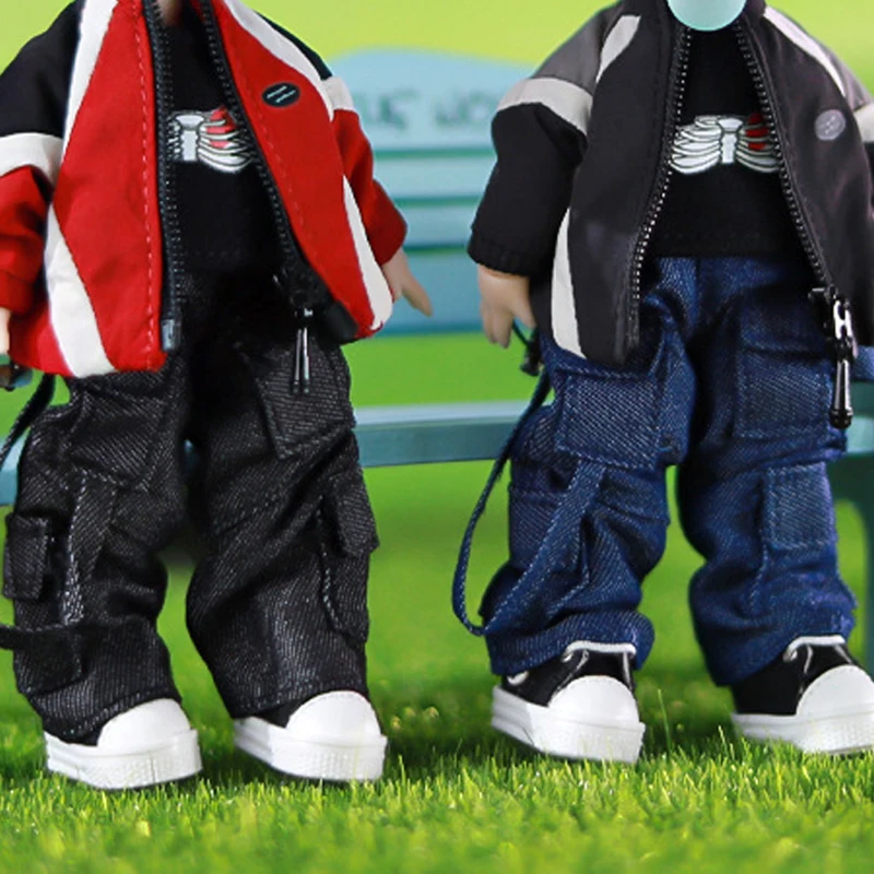 Multi Pocket Cargo Doll Pants With Strap Decor Elastic Waist Trousers 10cm Cotton Doll OB11 1/12 BJD Figure Outfit Accessories
