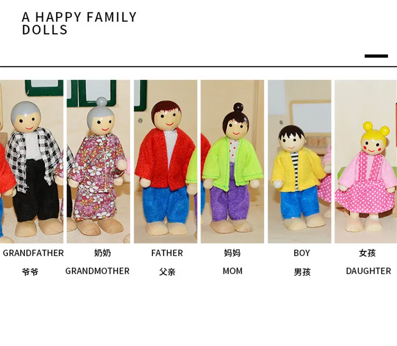 1/12 Dollhouse Wooden Family Doll Miniature Furniture Toy Kids Children Pretend Play Toy Boys Girls Gifts